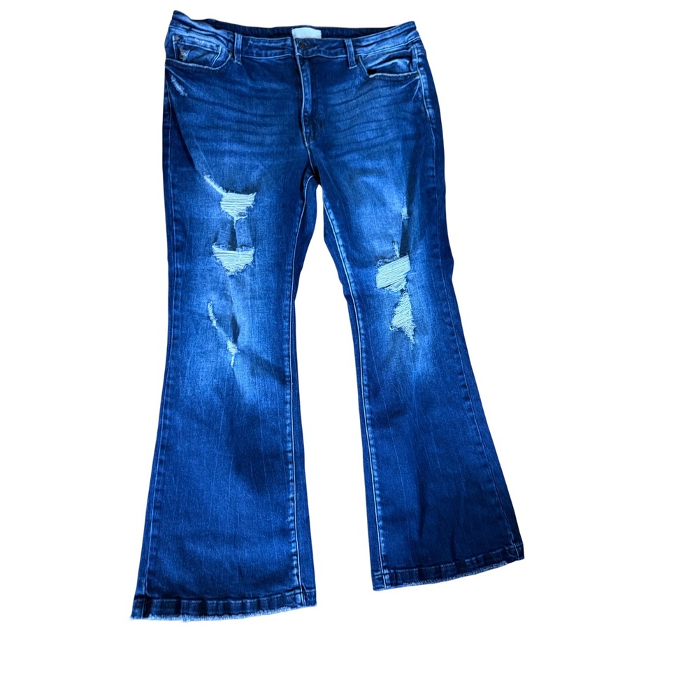 Petra 153 Distressed Flare Jeans Blue Indigo High Rise Raw Hem 18W TX929MF-MD